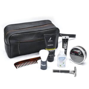 Black Leather Toiletry Bag Single Zipper