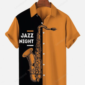 Fashionable Jazz Musical Instrument Print Color Contrast Men'S Shirt
