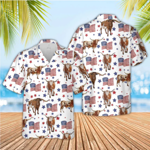 Tx Longhorn American Flag Pattern Hawaiian Shirt, funny cow hawaiian shirt, 4th of july hawaiian shirt