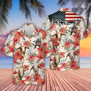 Goat Hibicus Floral Us Flag 3D Hawaiian Shirt, Summer aloha shirt Men and women