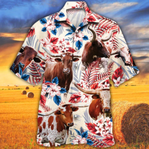 Tx Longhorn Cattle Lovers American Flag Hawaiian Shirt