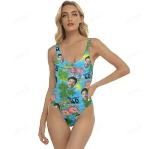 Custom Face Swimsuit, Custom Birthday Bathing Suit with Face and Age, Hibiscus Swimsuit, Flamingo Suit