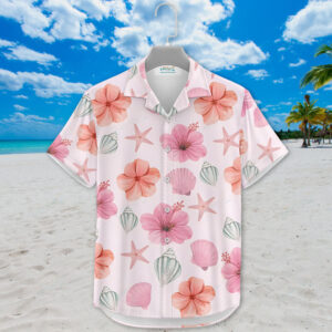 Hibiscus Hawaiian Shirt, Pink Starfish and Shell Print, Tropical Beach Outfit